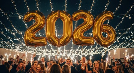Large golden 2026 balloons float above a festive crowd with sparkling lights holding sparklers and champagne