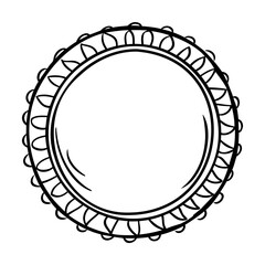 Black and white tambourine outline with decorative edge on white background