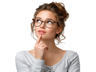 Thoughtful Expression: An image of a beautiful woman, wearing eyeglasses, gazing upward thoughtfully, her finger delicately touching her chin, exuding contemplation.