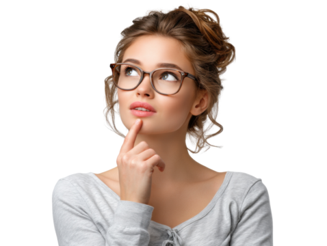 Thoughtful Expression: An image of a beautiful woman, wearing eyeglasses, gazing upward thoughtfully, her finger delicately touching her chin, exuding contemplation.