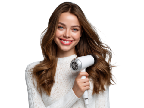 Smiling Woman with Hair Dryer: A stunning woman with flowing hair holds a hairdryer in a beauty shot, capturing a moment of confidence and style, highlighting beauty
