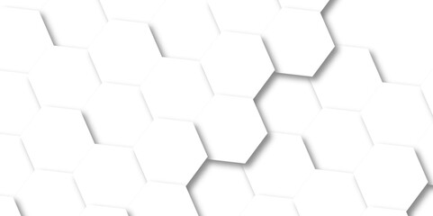 Minimal white hexagonal hexagon modern technology creative emboss light honeycomb polygonal web. abstract geometric science and mosaic tile with template texture background.	