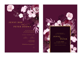 Wedding invitation and save the date template set of elegant flowers in shades of pink and purple on a dark purple background