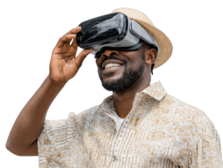 Immersed in a Virtual Reality: A man explores a digital world with VR goggles, his face alight with wonder, offering a glimpse into the evolving realm of technology.