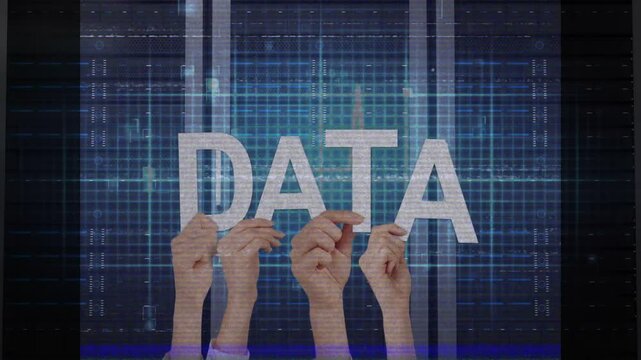 Hands entering frame, placing letter cutouts spelling DATA on blue grid backdrop for data display