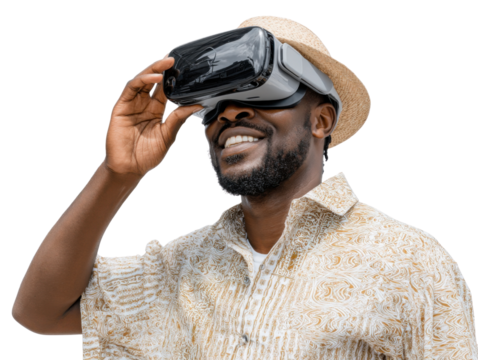 Immersed in a Virtual Reality: A man explores a digital world with VR goggles, his face alight with wonder, offering a glimpse into the evolving realm of technology.