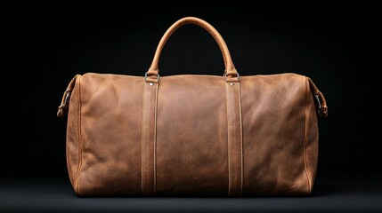 Naklejka premium A tan leather duffel bag against a dark background.
