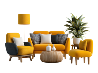 Modern Interior: A vibrant living space, expertly designed with a cozy yellow sofa, armchairs, and a stylish coffee table, complemented by a potted plant and a sleek floor lamp.