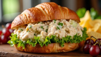 Close-up of a chicken salad croissant sandwich.