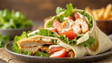 Close-up of two chicken wraps filled with lettuce, tomatoes, and creamy sauce.