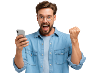 Excited Man with Smartphone: A joyful young man with glasses looks at his smartphone with an expression of pure excitement and raises his fist in celebration.