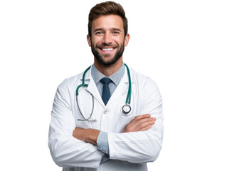 Confident Doctor: A portrait of a smiling male doctor, arms crossed, wearing a white coat and stethoscope, conveying confidence and professionalism.