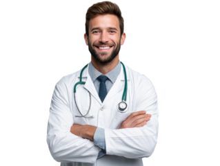 Confident Doctor: A portrait of a smiling male doctor, arms crossed, wearing a white coat and stethoscope, conveying confidence and professionalism.