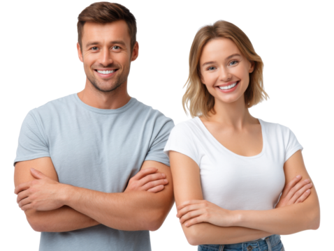 Harmonious Pair: A radiant couple shares a moment of warmth and unity. Their arms are crossed, and their smiles reflect genuine joy and mutual support.