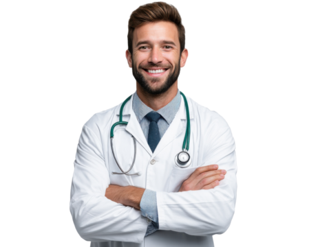 Confident Doctor: A portrait of a smiling male doctor, arms crossed, wearing a white coat and stethoscope, conveying confidence and professionalism.