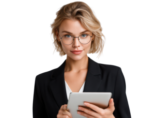 Confident Businesswoman with Tablet: A young, confident businesswoman with blonde hair and glasses holds a tablet, exuding professionalism and competence.