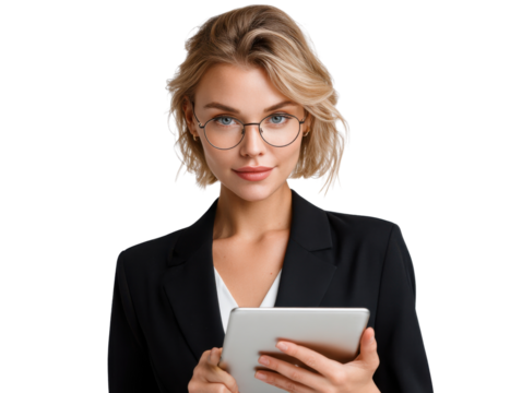 Confident Businesswoman with Tablet: A young, confident businesswoman with blonde hair and glasses holds a tablet, exuding professionalism and competence.