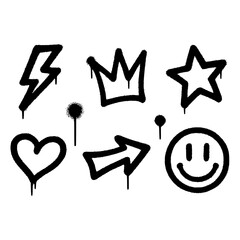 Black graffiti style icons featuring a crown, heart, star, and lightning
