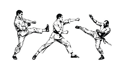 Martial Arts Vector Engraving Set. Detailed Monochrome Illustrations of Fighter Poses. Vintage Combat Sports Symbols