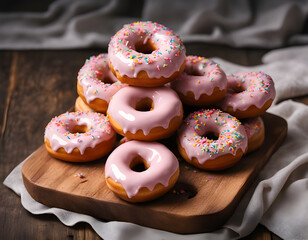 Pink Donut Tower on Wooden Board