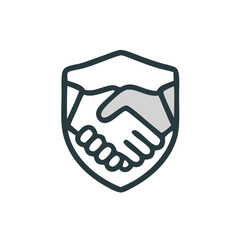 Trust agreement icon suitable for financial, legal, business, and security concepts, representing secure partnerships and protection in collaborations. Secure partnership handshake inside a shield log