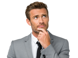 Contemplation and Clarity: A thoughtful professional contemplates with focused expression and a pose suggesting introspection.