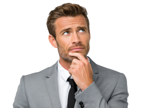 Contemplation and Clarity: A thoughtful professional contemplates with focused expression and a pose suggesting introspection.