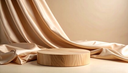 Brown Wooden Circular Platform on Shiny Beige Fabric Background