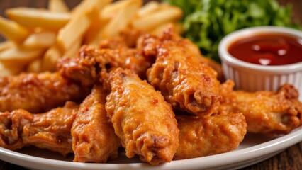 Fototapeta premium Crispy fried chicken wings and french fries.