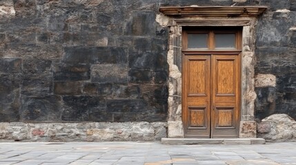 Aged Stone Wall with Ornate Wooden Doorway,  Urban Architectural Detail