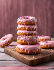 Pink Donut Tower on Wooden Board