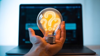 Hand holding a lightbulb with question marks representing knowledge seeking, answers, and innovative idea concepts.
