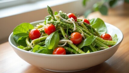 Delicious asparagus and cherry tomato salad in a bowl.