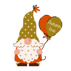 Funny autumn gnome. Cute gnome with a beard holds colorful balloons. Magic character of Scandinavian folklore. Dwarf in a polka dot hat. Cartoon flat vector clipart for Thanksgiving, fall party