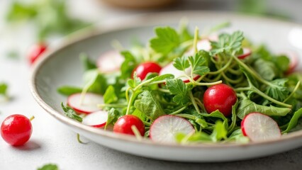 Fresh salad with radish slices and cherry tomatoes.