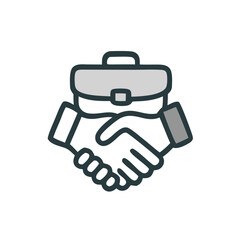 Corporate partnership icon featuring a briefcase handshake symbolizing successful business partnerships. Suitable for business presentations, websites, and marketing materials.
