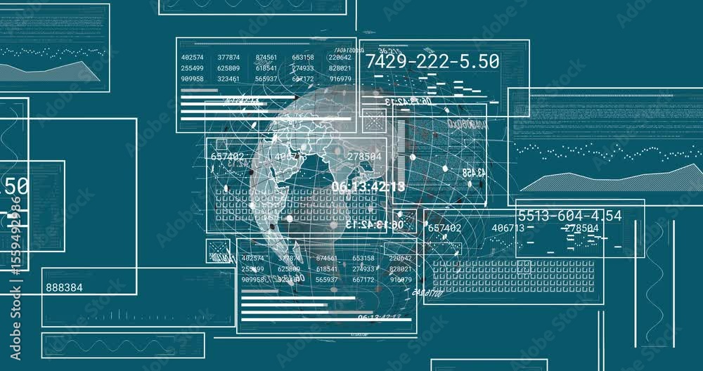 Poster upon materializing wireframe sphere panels sliding globe rotating updating global data trends