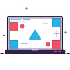 Modern laptop displaying abstract geometric shapes and design elements