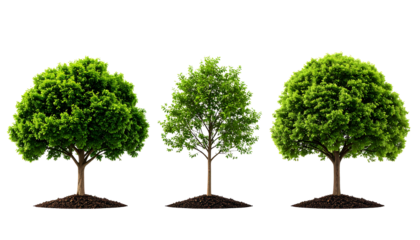 Evolution of a tree in 3 stages: seedling, juvenile tree, and mature tree