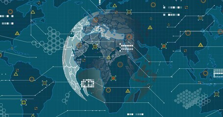 3D globe appearing starting rotating outlines emerging network radiating pulsing showing data flow