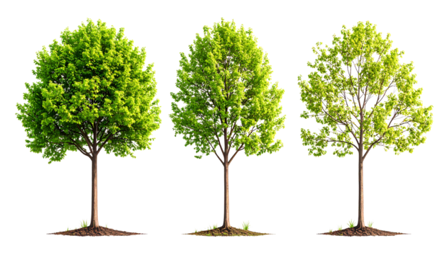 Three trees in different stages: small sprout, medium tree, and large tree
