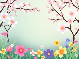 Naklejka premium A whimsical garden scene with blooming trees and colorful flowers in a soft pastel color palette