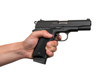 hand holding a black pistol on white background.