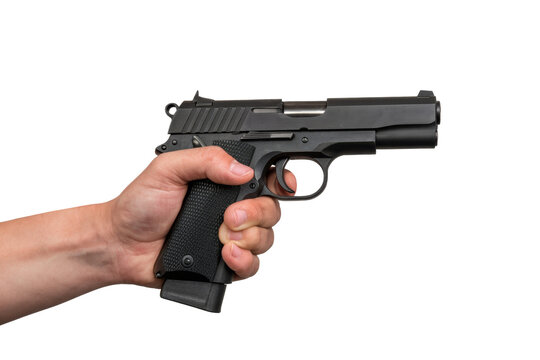 hand holding a black pistol on white background. - Powered by Adobe