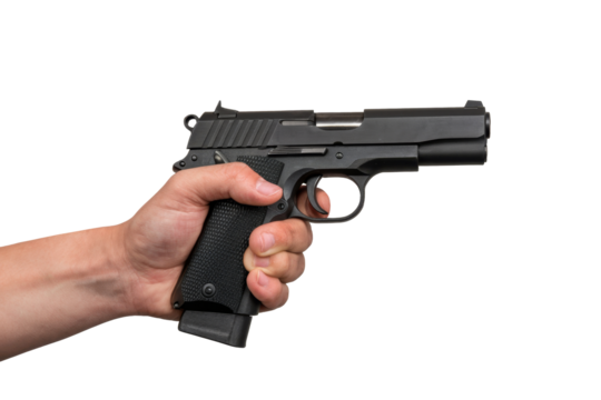 hand holding a black pistol on white background.