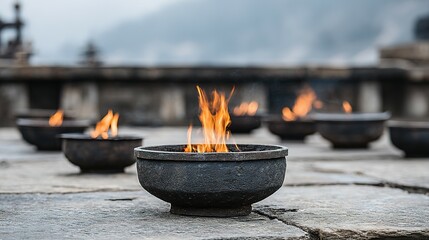 Flames in dark metal bowls on a stone surface.