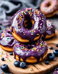 Pink Glazed Donut with Sprinkles Arranged in a Tower on Wooden