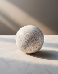 A speckled stone sphere on a light stone surface, minimal and calm composition