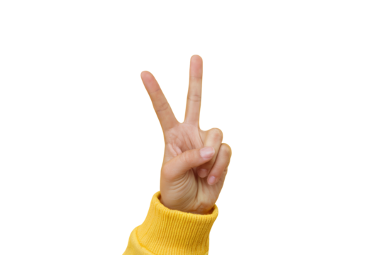 peace sign hand with yellow sleeve isolated on background