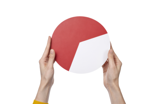 pie chart held by hands, red and white color.